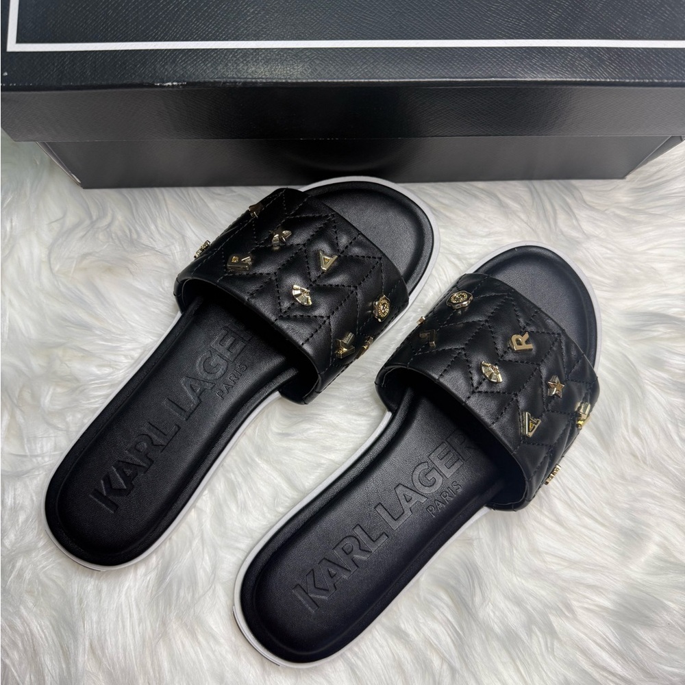 Karl Lagerfeld Black Quilted Slide Sandals with Gold Stud Accents